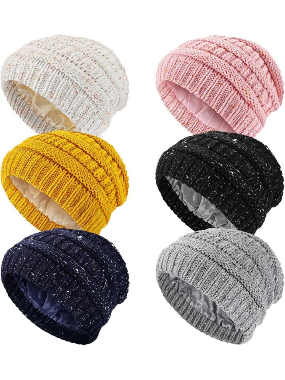 6 Pieces Winter Knitted Satin Lined Beanie Hats for Women Satin Lined Cable